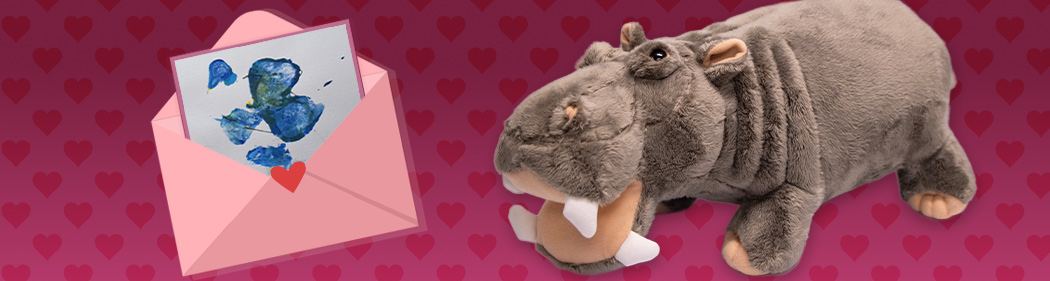 hippo plush with hoofprint in Valentine's envelope