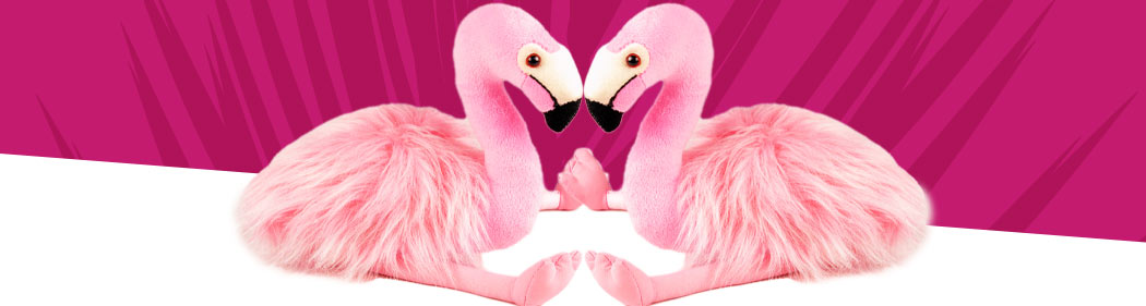 two flamingo zoodopt plushes against a valentine's backdrop